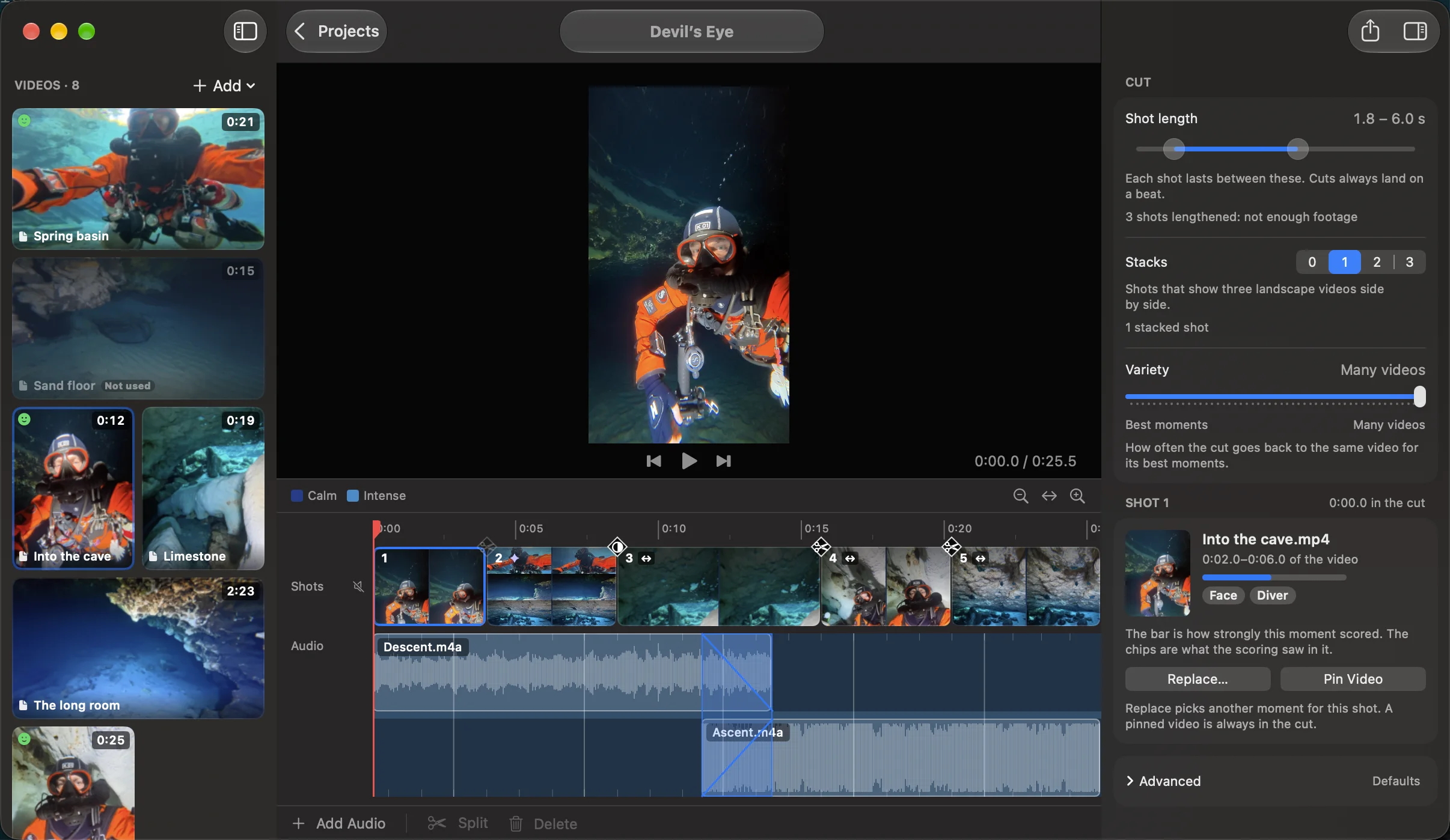The Tidecut editor: videos on the left, a vertical preview in the middle, shots and audio lanes on the timeline, and settings on the right